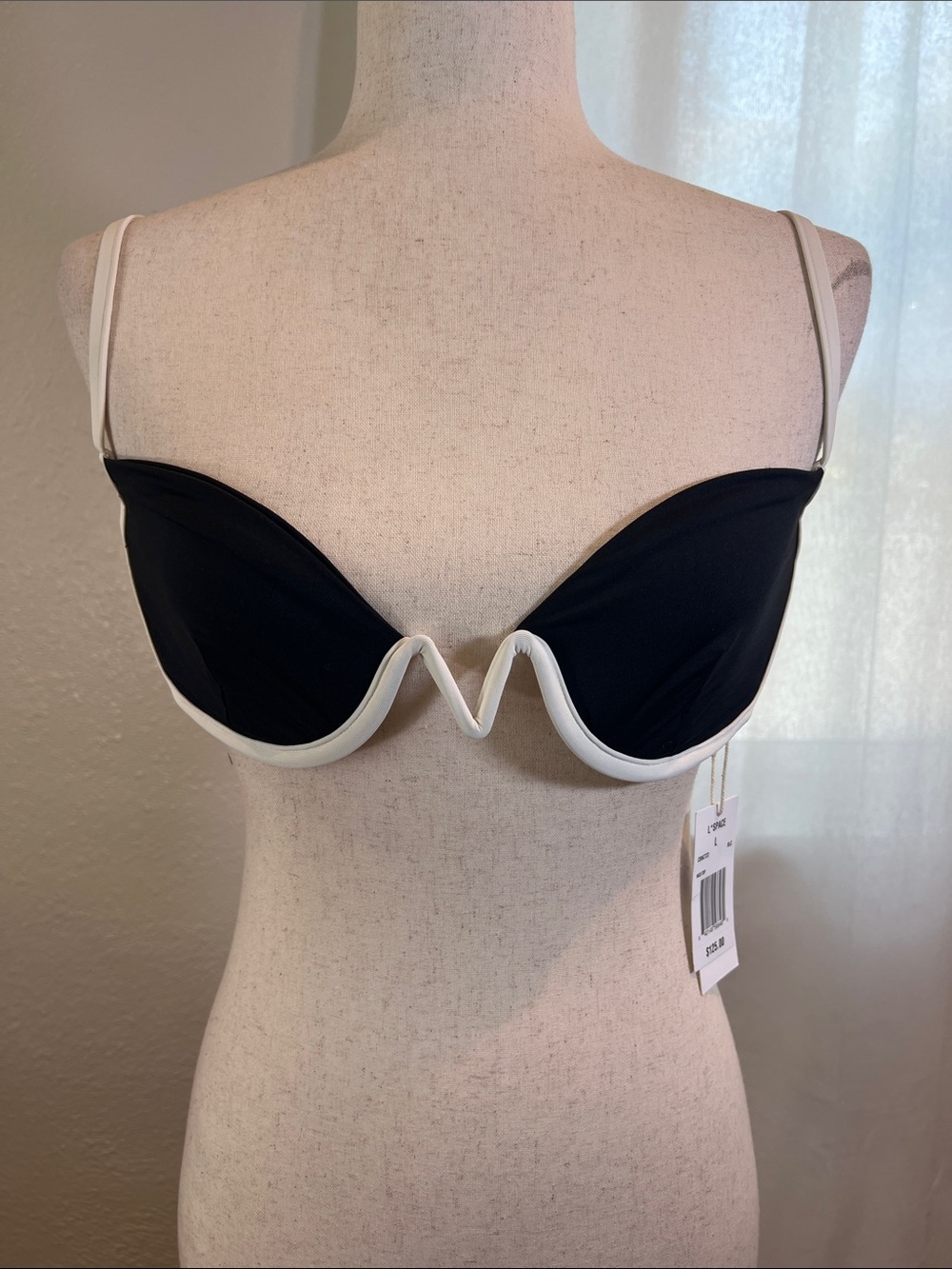 l*space Black Nico Bikini Top with White Trim - Underwire Demi. Size L. NWT